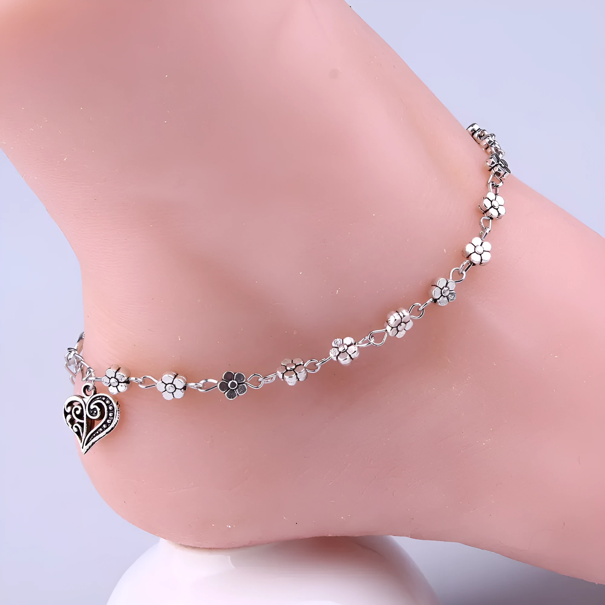 Heart shaped anklet made from alloy with electroplated finish in photo colour