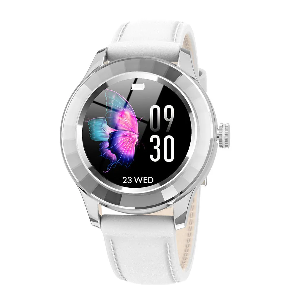 IP67 waterproof touch screen smart watch with silicone strap, white colour, health monitoring and call reminder display