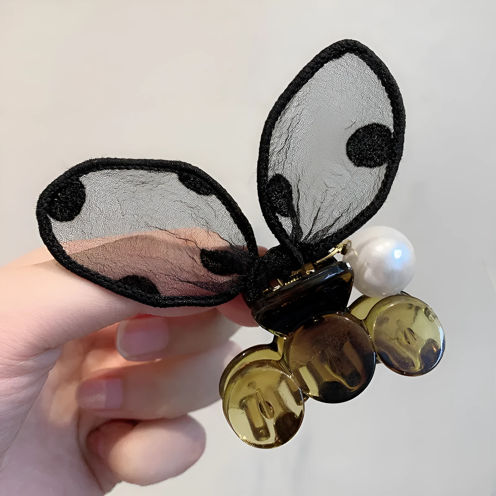 Polka dot lace rabbit ears hair clip with pearl hairpin in four colours: coffee, grey, red, yellow