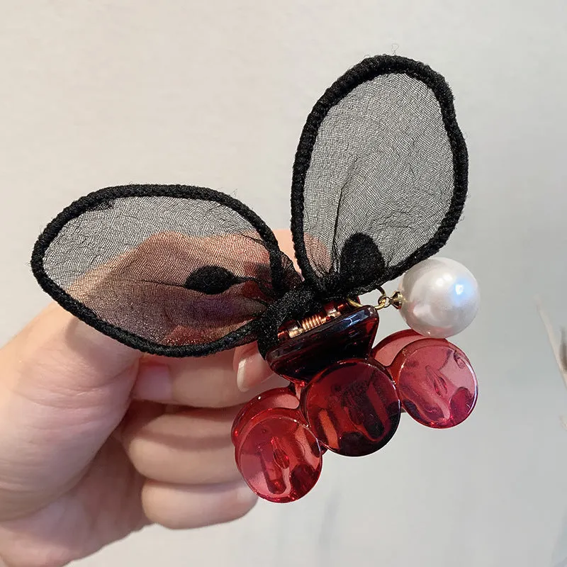 Polka dot lace rabbit ears hair clip with pearl hairpin in four colours: coffee, grey, red, yellow
