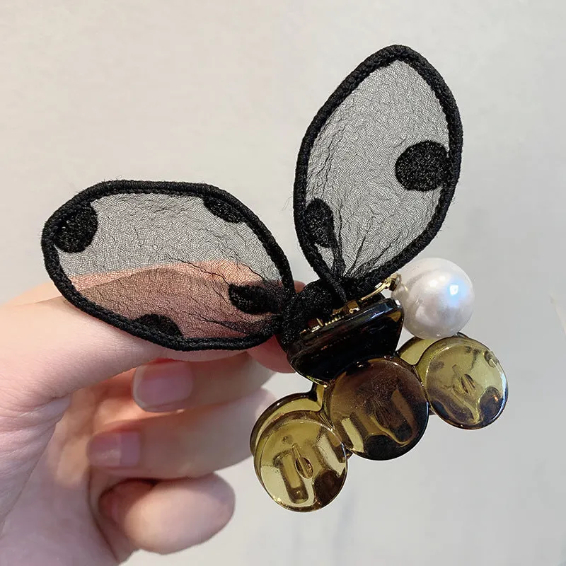 Polka dot lace rabbit ears hair clip with pearl hairpin in four colours: coffee, grey, red, yellow