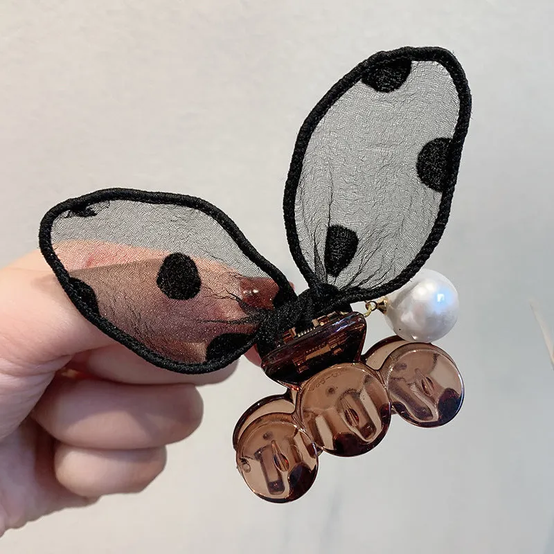 Polka dot lace rabbit ears hair clip with pearl hairpin in four colours: coffee, grey, red, yellow