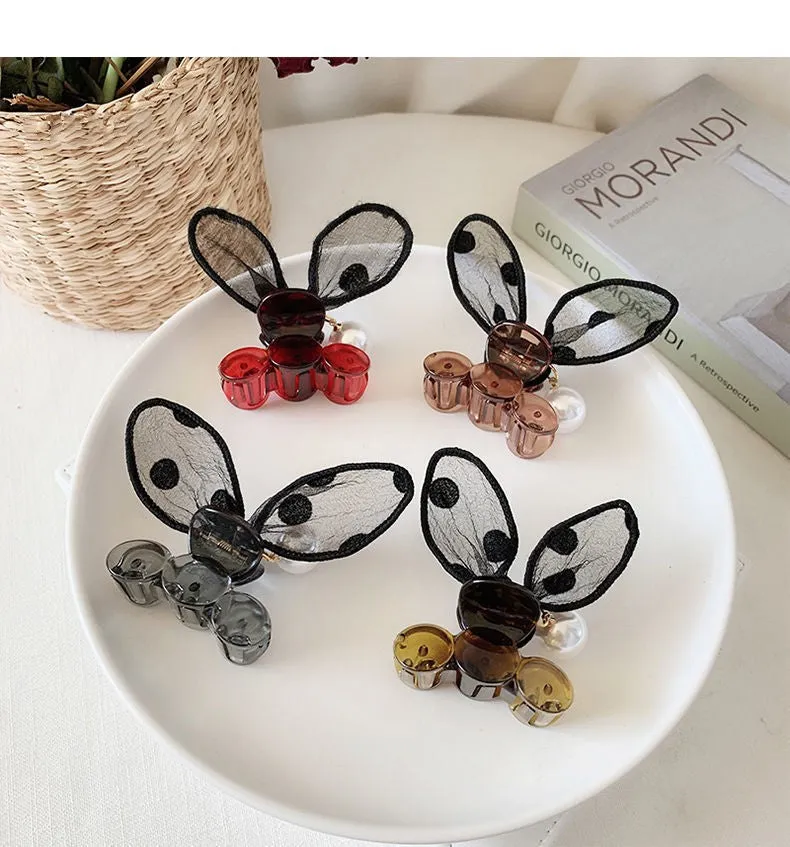 Polka dot lace rabbit ears hair clip with pearl hairpin in four colours: coffee, grey, red, yellow