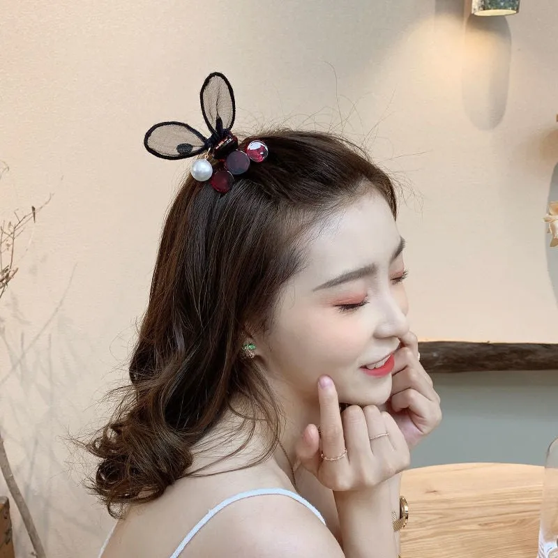 Polka dot lace rabbit ears hair clip with pearl hairpin in four colours: coffee, grey, red, yellow
