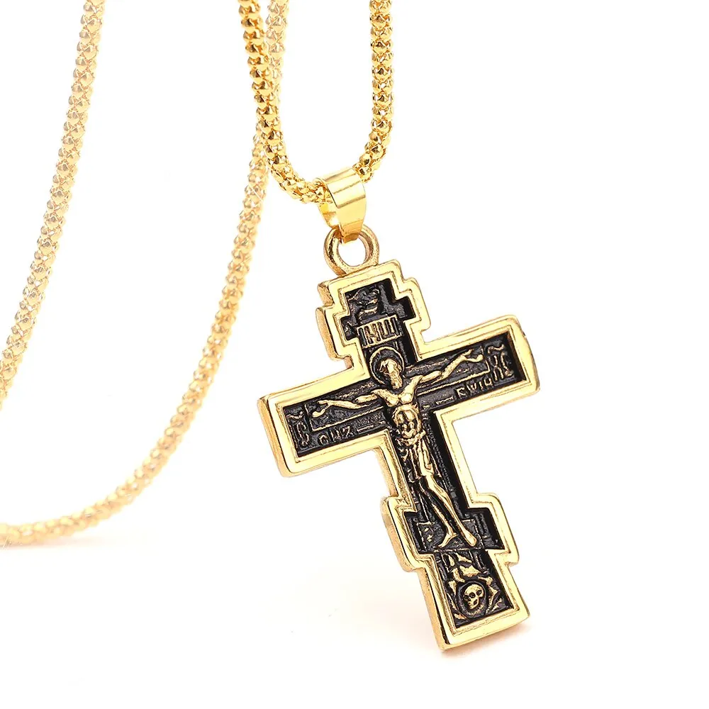Gold cross Jesus pendant necklace on alloy chain, 5cm length, geometric design