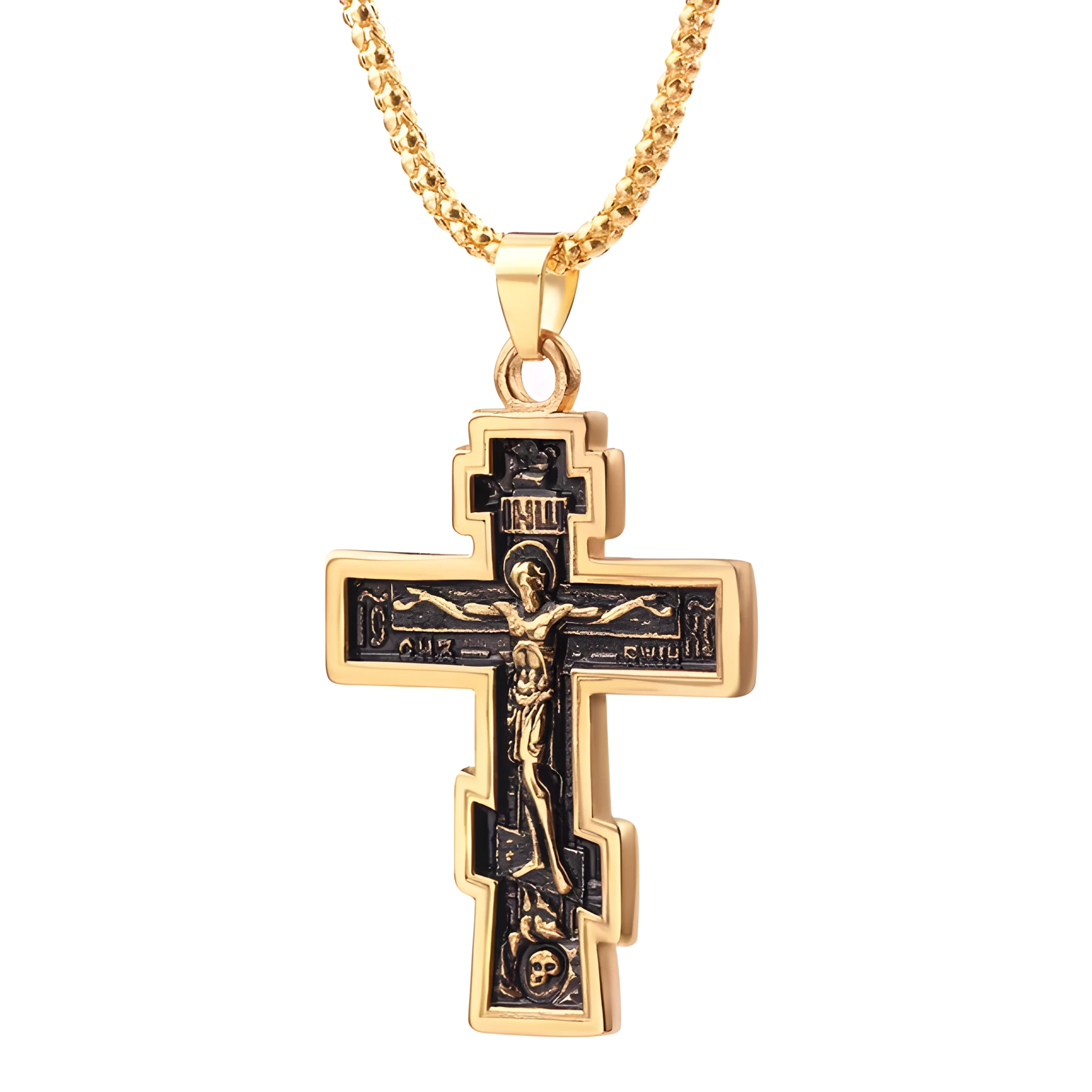 Gold cross Jesus pendant necklace on alloy chain, 5cm length, geometric design