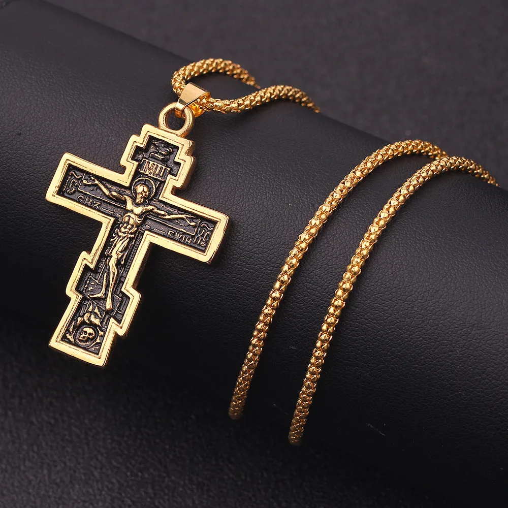 Gold cross Jesus pendant necklace on alloy chain, 5cm length, geometric design