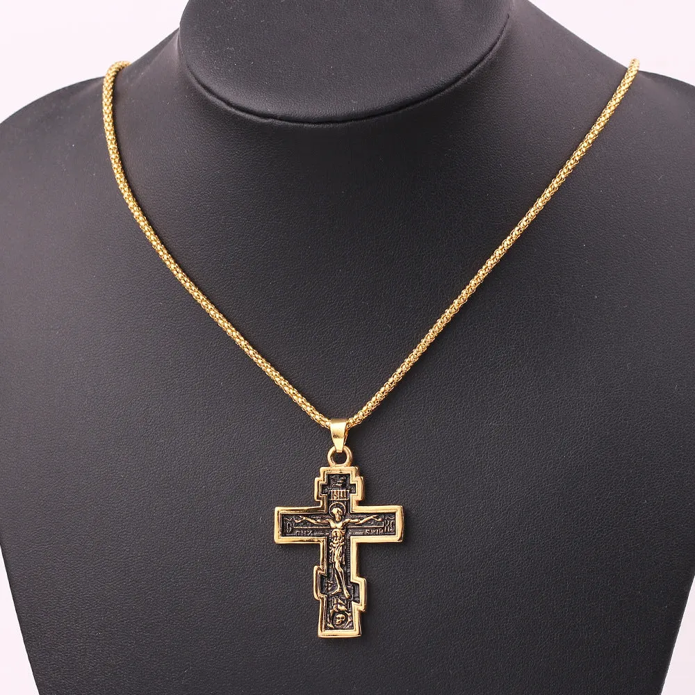 Gold cross Jesus pendant necklace on alloy chain, 5cm length, geometric design