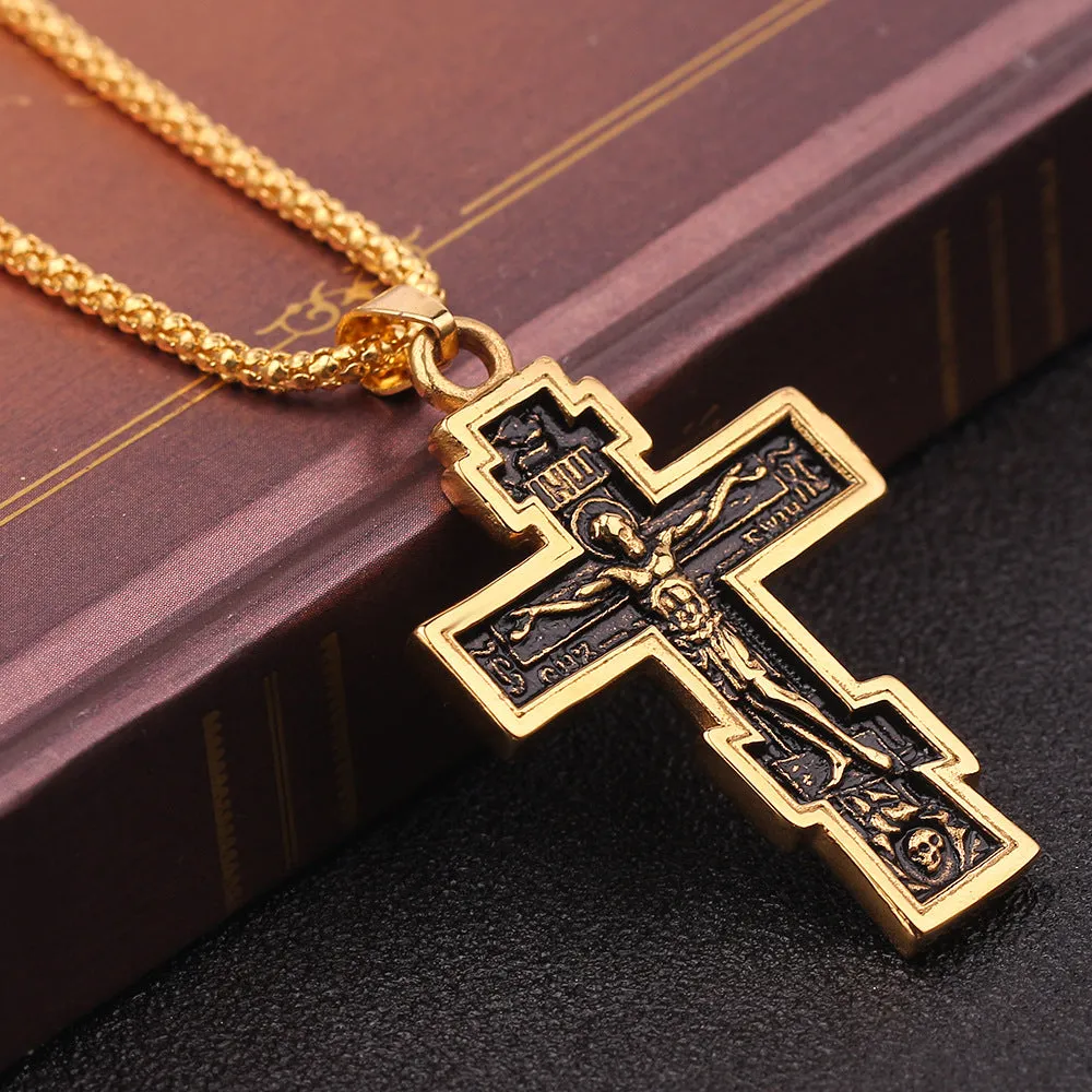 Gold cross Jesus pendant necklace on alloy chain, 5cm length, geometric design
