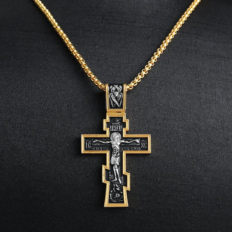 Gold cross Jesus pendant necklace on alloy chain, 5cm length, geometric design