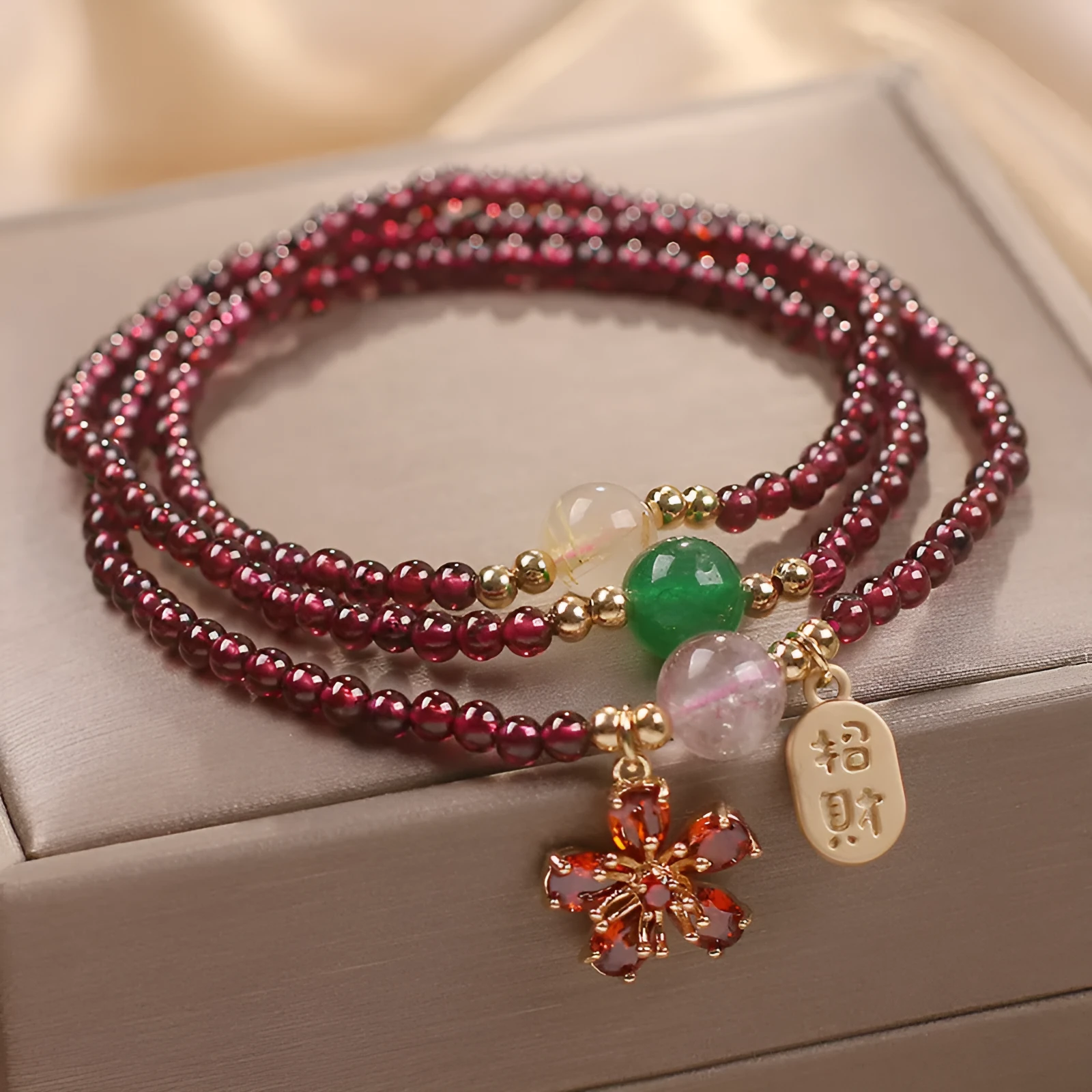 Pomegranate red cherry blossom crystal bracelet for women with sequin decoration on delicate chain
