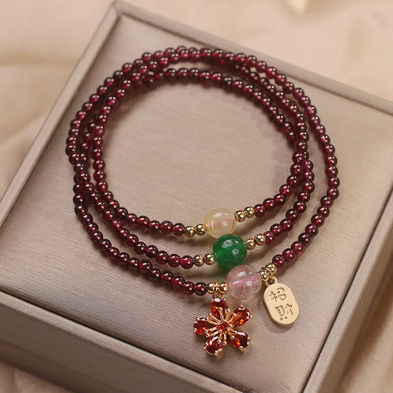 Pomegranate red cherry blossom crystal bracelet for women with sequin decoration on delicate chain