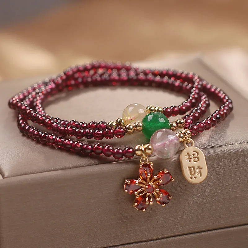 Pomegranate red cherry blossom crystal bracelet for women with sequin decoration on delicate chain