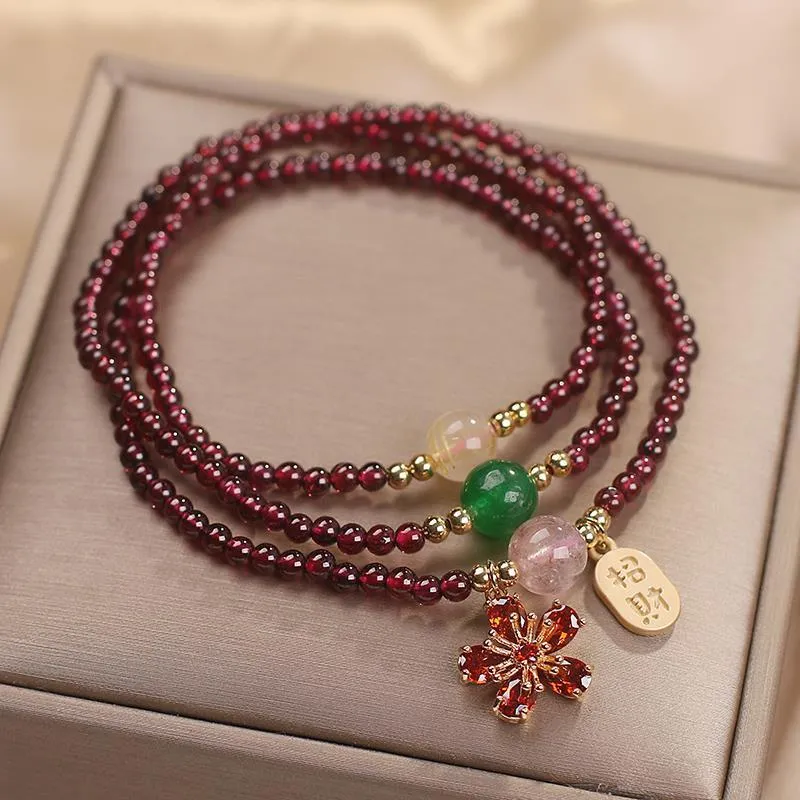 Pomegranate red cherry blossom crystal bracelet for women with sequin decoration on delicate chain