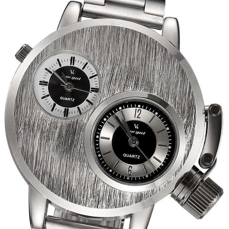 Large plate double-movement men watch with 40.5mm dial, spiral crown, and steel strap on a neutral background