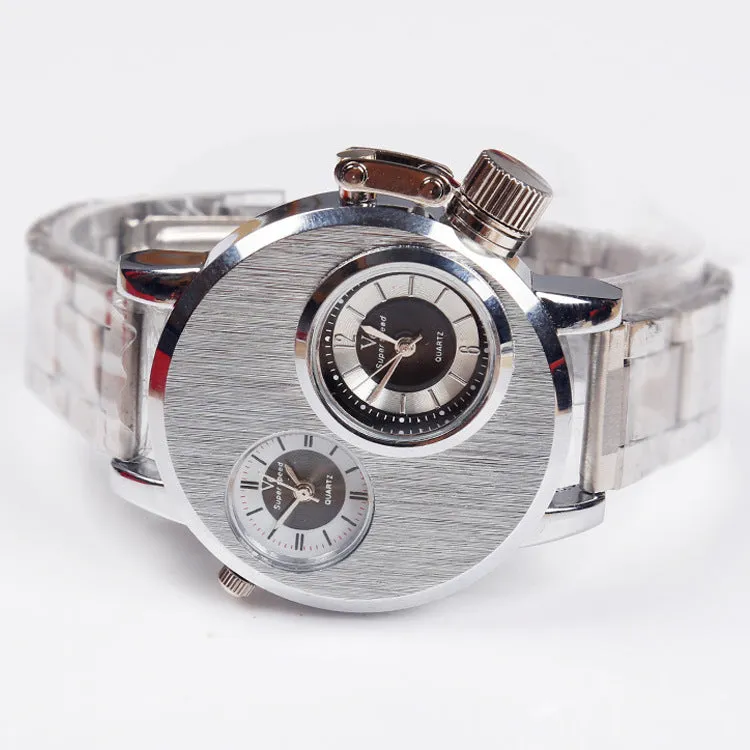 Large plate double-movement men watch with 40.5mm dial, spiral crown, and steel strap on a neutral background