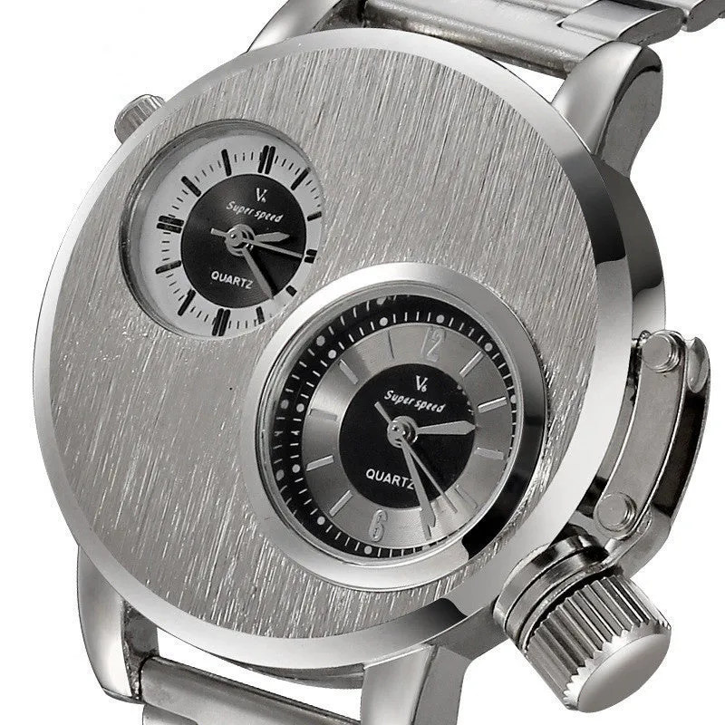 Large plate double-movement men watch with 40.5mm dial, spiral crown, and steel strap on a neutral background