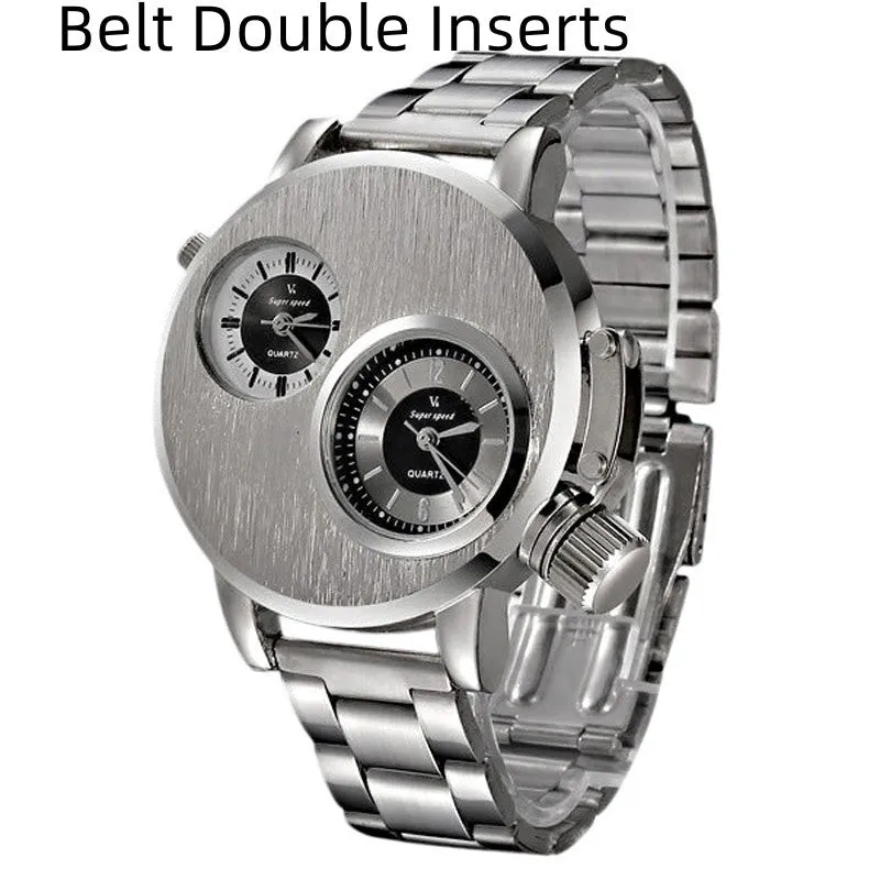 Large plate double-movement men watch with 40.5mm dial, spiral crown, and steel strap on a neutral background
