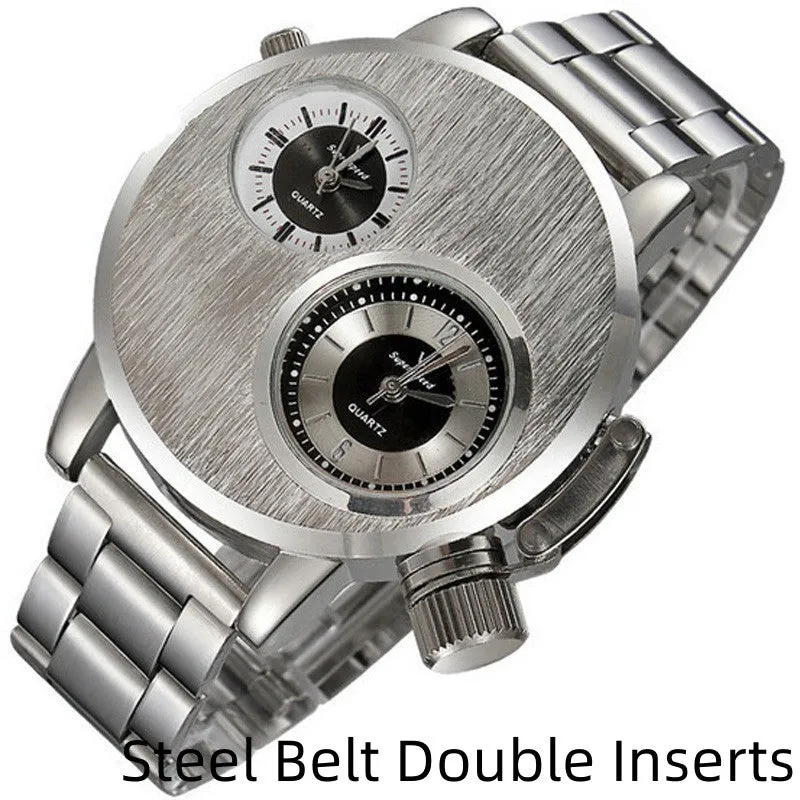 Large plate double-movement men watch with 40.5mm dial, spiral crown, and steel strap on a neutral background