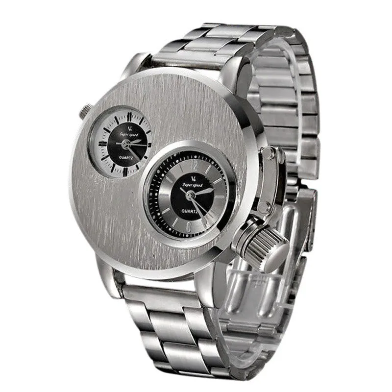 Large plate double-movement men watch with 40.5mm dial, spiral crown, and steel strap on a neutral background