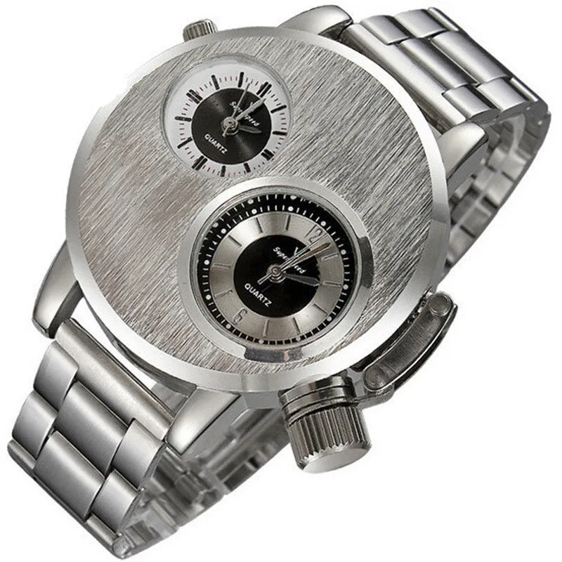 Large plate double-movement men watch with 40.5mm dial, spiral crown, and steel strap on a neutral background