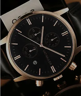 Men's business quartz watch with genuine leather strap, stainless steel case, slim 8mm profile, and 10mm dial in all black colour
