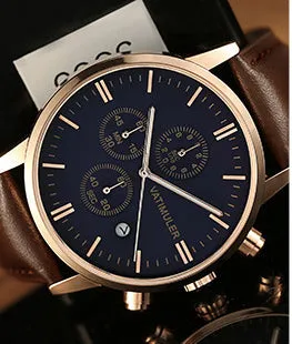 Men's business quartz watch with genuine leather strap, stainless steel case, slim 8mm profile, and 10mm dial in all black colour