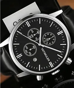 Men's business quartz watch with genuine leather strap, stainless steel case, slim 8mm profile, and 10mm dial in all black colour