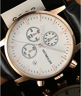 Men's business quartz watch with genuine leather strap, stainless steel case, slim 8mm profile, and 10mm dial in all black colour