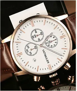 Men's business quartz watch with genuine leather strap, stainless steel case, slim 8mm profile, and 10mm dial in all black colour