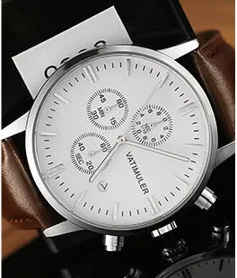 Men's business quartz watch with genuine leather strap, stainless steel case, slim 8mm profile, and 10mm dial in all black colour