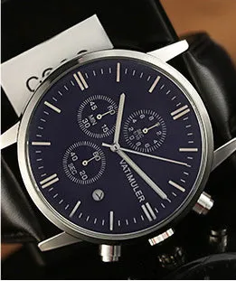 Men's business quartz watch with genuine leather strap, stainless steel case, slim 8mm profile, and 10mm dial in all black colour