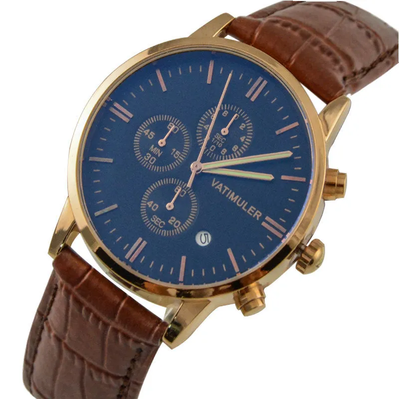 Men's business quartz watch with genuine leather strap, stainless steel case, slim 8mm profile, and 10mm dial in all black colour