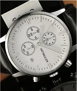 Men's business quartz watch with genuine leather strap, stainless steel case, slim 8mm profile, and 10mm dial in all black colour