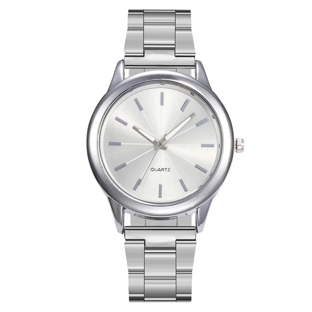 Women's quartz watch with 40mm alloy case, stainless steel strap, and glass dial in silver case with white face
