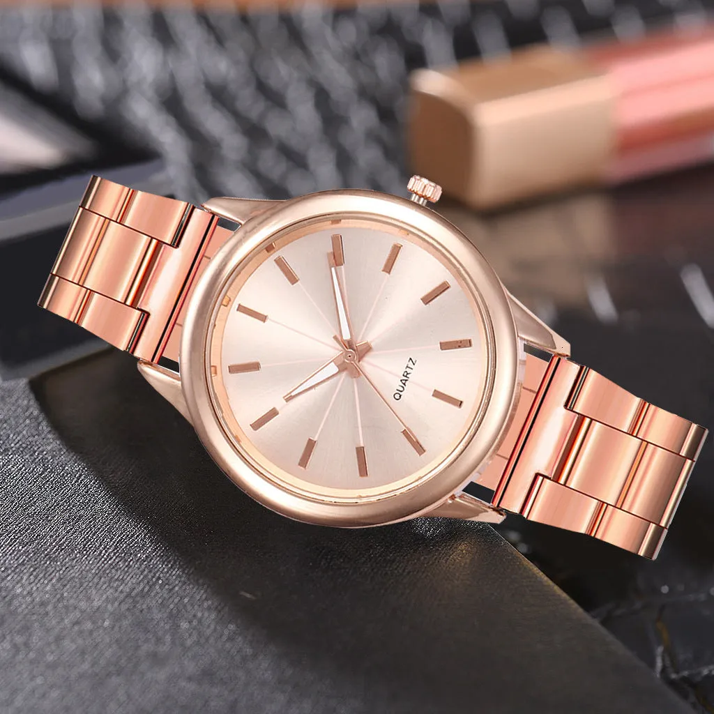 Women's quartz watch with 40mm alloy case, stainless steel strap, and glass dial in silver case with white face