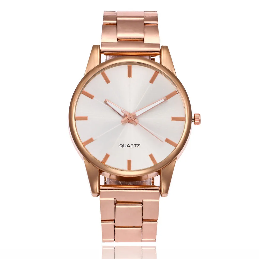 Women's quartz watch with 40mm alloy case, stainless steel strap, and glass dial in silver case with white face