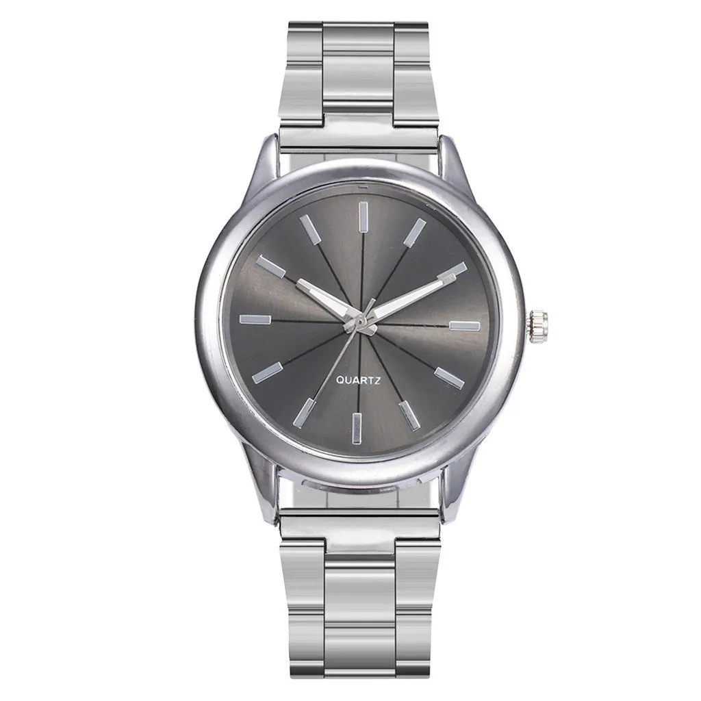 Women's quartz watch with 40mm alloy case, stainless steel strap, and glass dial in silver case with white face