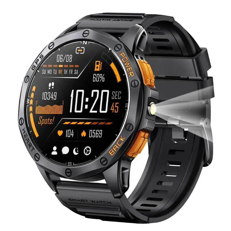 K67 AMOLED smart watch with metal body, Bluetooth calling, and compass displayed in black colour