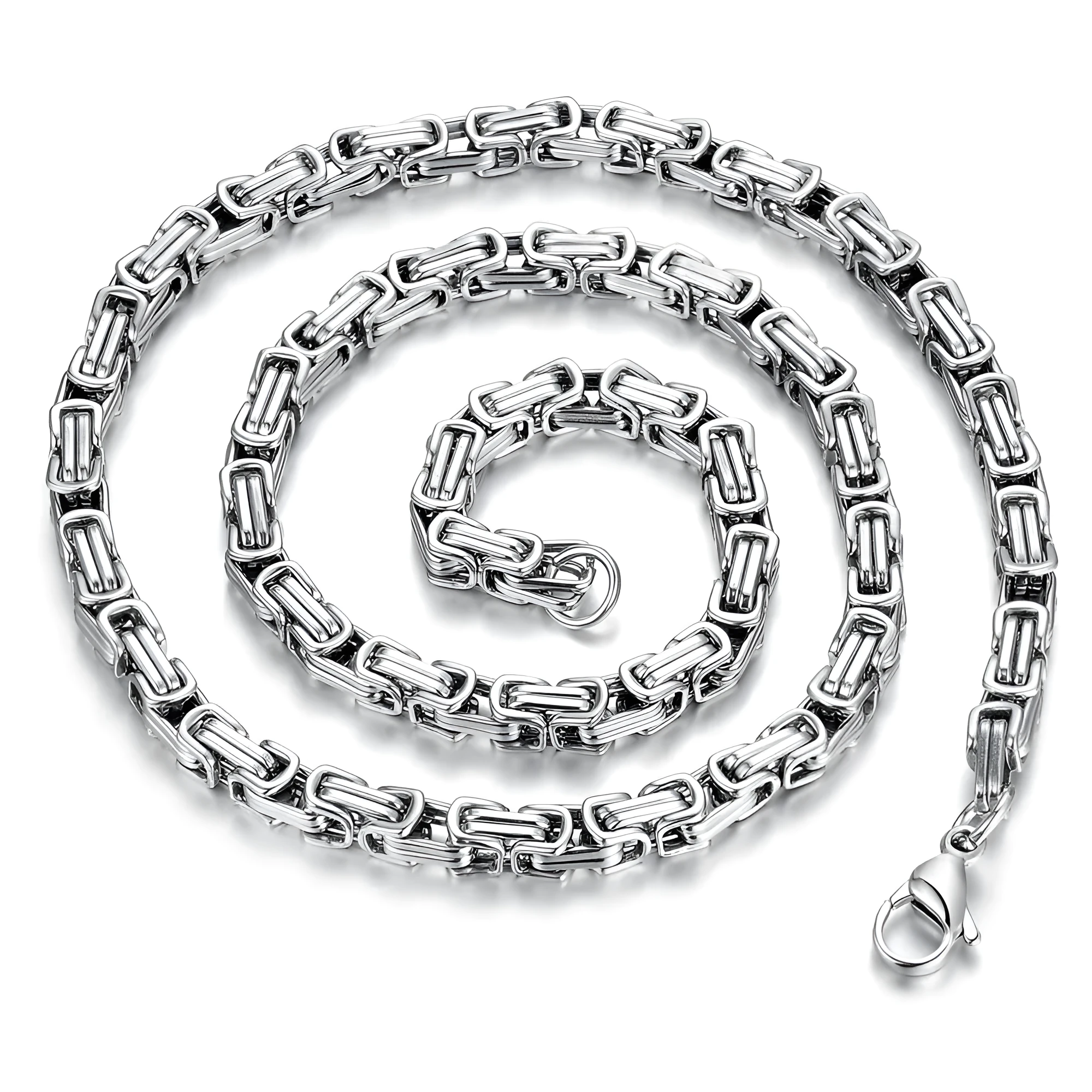 Stainless steel punk necklace with 5mm chain in steel finish on black background