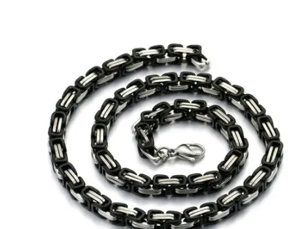 Stainless steel punk necklace with 5mm chain in steel finish on black background