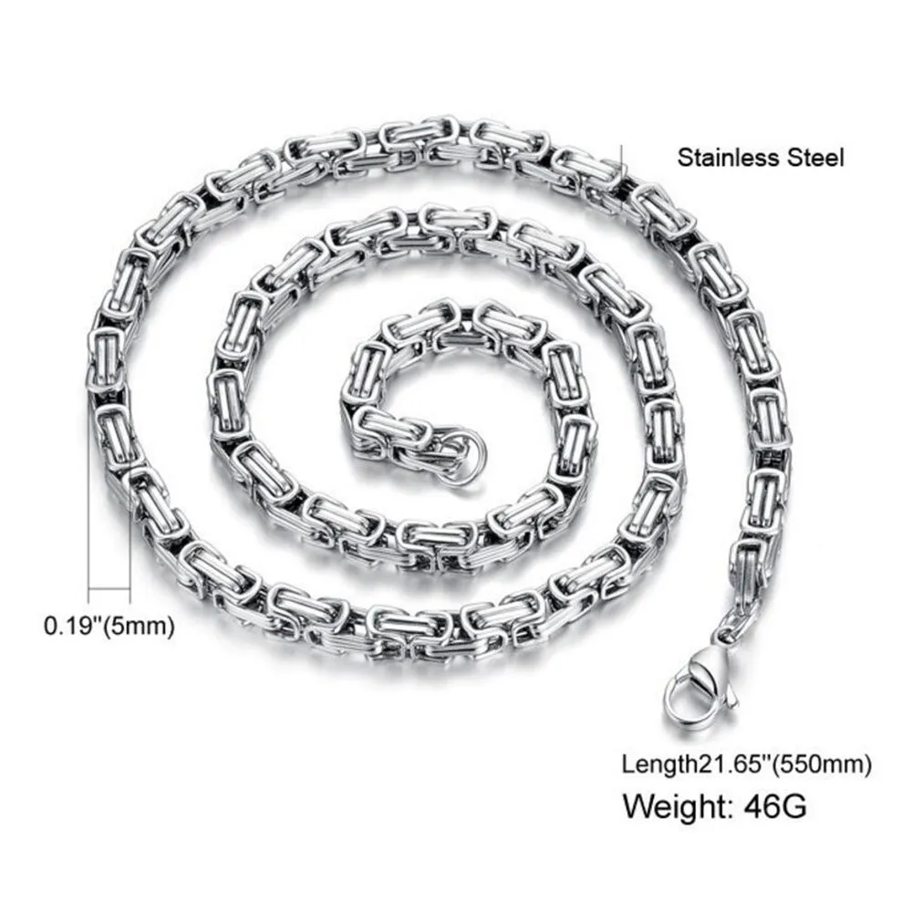 Stainless steel punk necklace with 5mm chain in steel finish on black background