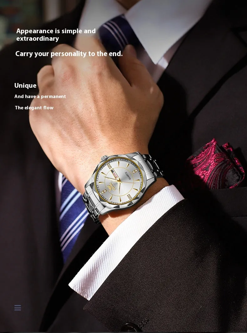 Round stainless steel men's watch with double calendar display on white background
