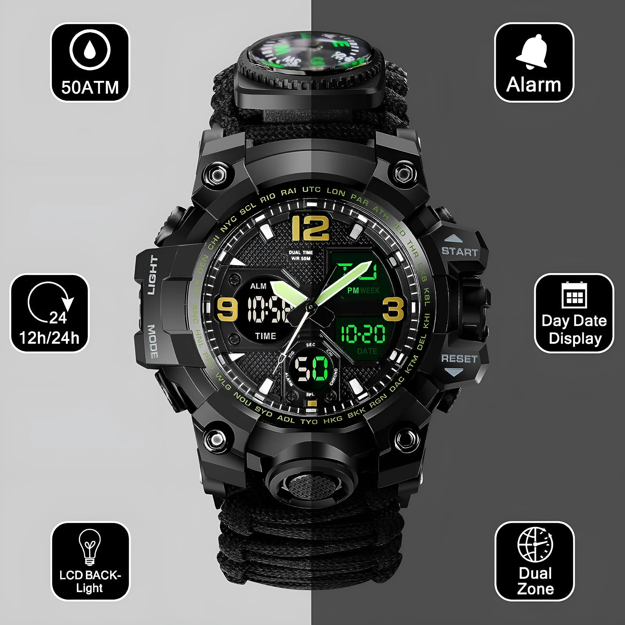 Waterproof dual display electronic tactical watch for men in black colour