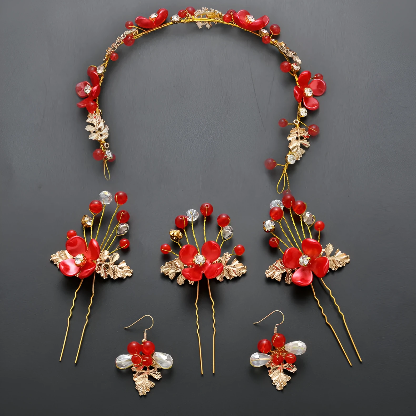 Costume jewelry set with wedding bride headdress and hair ornaments in metal alloy, faux pearls, and rhinestones