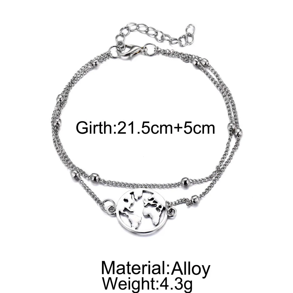 Three-piece anklet set with love heart, map, and eight character charms in simple style, photo colour