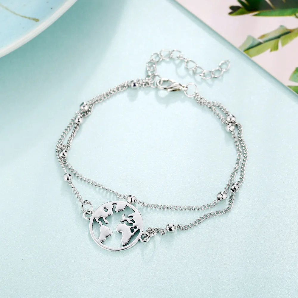 Three-piece anklet set with love heart, map, and eight character charms in simple style, photo colour