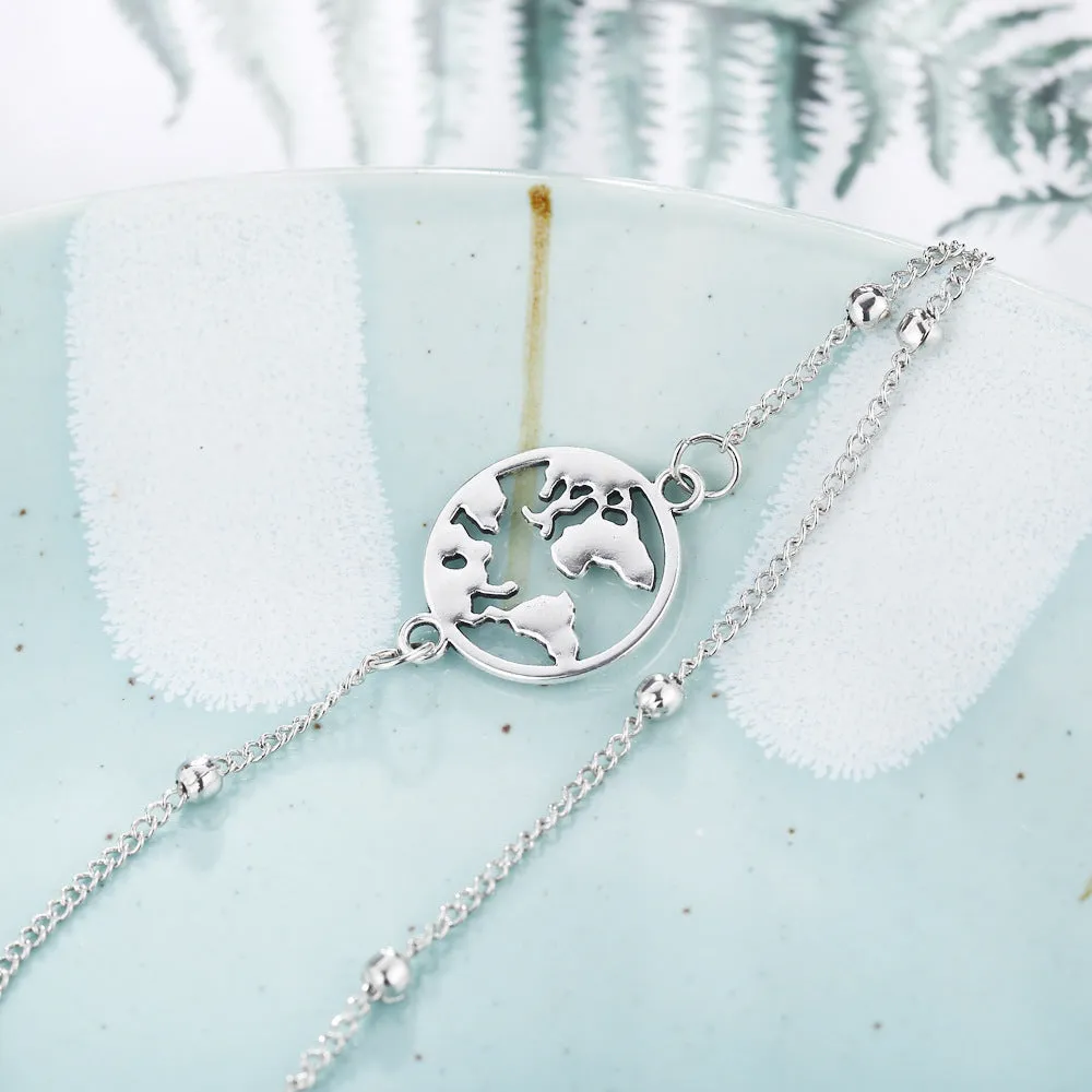 Three-piece anklet set with love heart, map, and eight character charms in simple style, photo colour