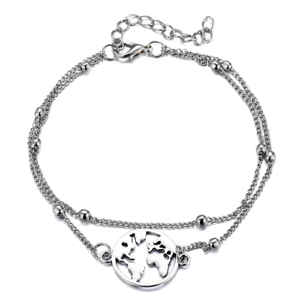 Three-piece anklet set with love heart, map, and eight character charms in simple style, photo colour
