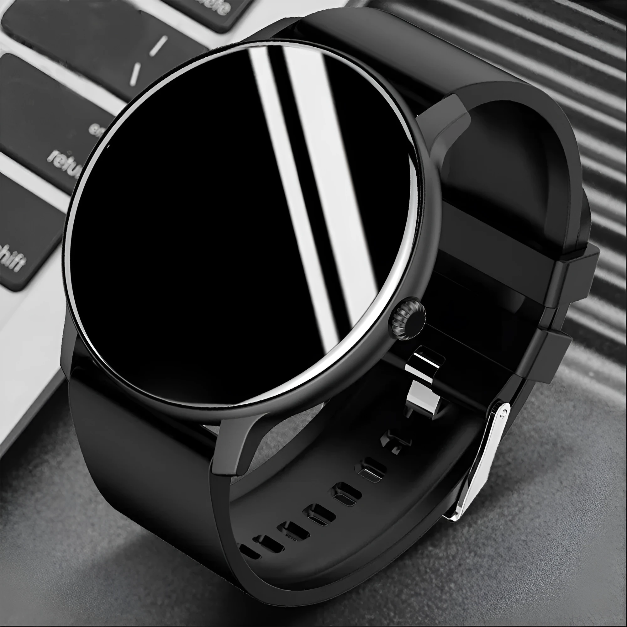 1.28-inch blood pressure health smart watch with heart rate monitor, black face, glass screen, side button
